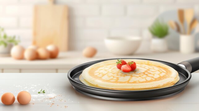 A stylish electric crepe maker making crepes on a kitchen counter, flat design illustration, with copy space, high-resolution photo, hyper realistic