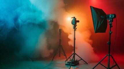 Photography studio with colored smoke and lighting
