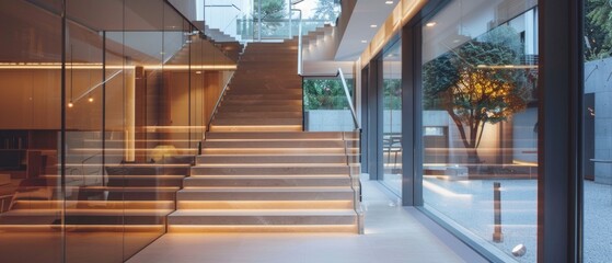 Empty modern interior with a staircase lit below each step, glass handrail, concrete structure, and grey marble accents. Adjacent large windows reflect trees, embracing minimalist tranquility.