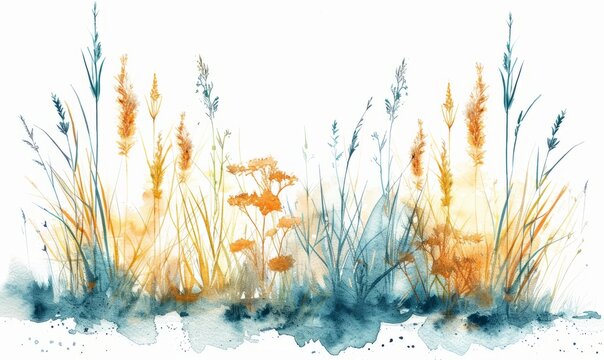 Abstract prairie grass in watercolor on a white backdrop.