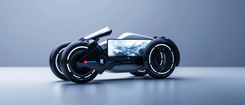 Futuristic black motorcycle with blue accents, two large wheels, digital display screen, and sleek design on reflective silver floor against dark blue background. - Powered by Adobe