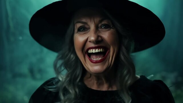 The Wickedly Joyful Witch of the Emerald Woods: An enchanting sorceress revels in mischievous delight, her cackle echoing through a mystical forest, perfect for Halloween or fantasy projects. 