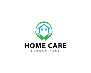 Simple Home Care Logo. Blue Geometric Silhouette Shape House Icon with Green Cross Plus Sign Combination isolated on White Background. Flat Vector Logo Design Template Element.
