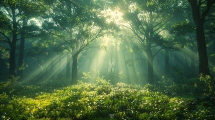 Obraz premium Sunlight Streaming Through Dense Forest Canopy Illuminating Lush Green Underbrush at Dusk. Generative AI