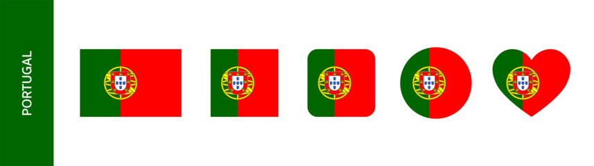 Portugal flag icon set. Portuguese flag sign in round and square set. Flag of Portugal in heart and circle