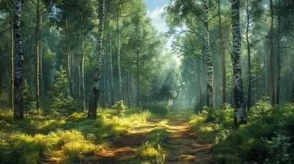 Obraz premium Serene Forest Pathway Under Soft Morning Light Surrounded by Tall Trees and Lush Greenery. Generative AI