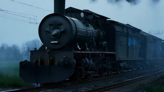 Ghost train: A nostalgic glimpse of a bygone era, captured in a dramatic shot of a powerful steam locomotive steaming through the countryside. The focus on the engine's intricate details 