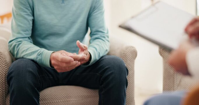 Hands, anxiety and person at psychology for session with mental health, depression or grief. Healthcare, psychiatry chart and nervous patient with therapist for emotional counseling at consultation.
