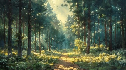 Obraz premium Tranquil Forest Pathway Surrounded by Lush Greenery During Late Afternoon Sunlight. Generative AI