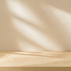 Empty table on white texture wall background. Square composition with abstract shadow on the wall. Mock up for presentation, branding products, cosmetics food or jewellery.
