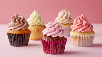 Several cupcakes muffin with icing on a pastel background.
