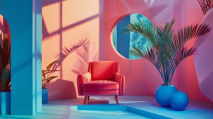 Modern interior with red armchair and plants