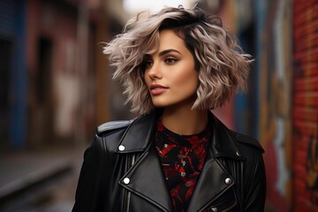 Fototapeta premium Stylish woman with wavy hair wearing a leather jacket in a colorful urban setting, exuding confidence and modern fashion.