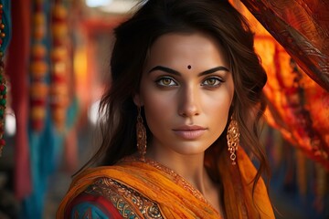 A beautiful woman adorned in traditional attire, showcasing elegance and cultural heritage in a vibrant setting.