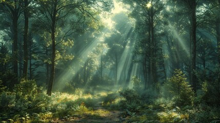 Fototapeta premium Sunlight Streaming Through Dense Forest Canopy During Early Morning Hours in Serene Wilderness. Generative AI