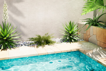 Luxury swimming pool with tropical plants and stone path. Poolside patio in mediterranean holiday villa.