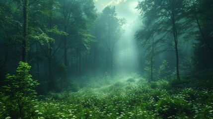Serene Forest Landscape With Mist and Sunlight Filtering Through Green Trees. Generative AI