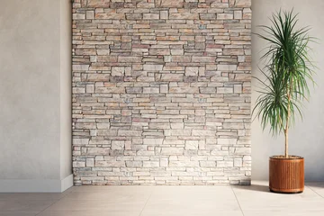 Fotobehang Scandinavisch Minimal interior design with empty stone wall in luxury modern villa. Elegant architecture background in neutral style.  © hitdelight