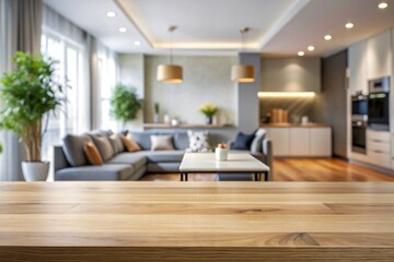 Minimally cluttered tabletop with a sleek surface stands out against a blurred modern living room background, perfect for adding text or product placement.