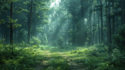 Naklejka premium Serene Forest Clearing Bathed in Soft Morning Light Surrounded by Lush Greenery. Generative AI