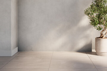 Minimal interior design with empty concrete wall in luxury modern villa. Elegant architecture background in neutral style.
