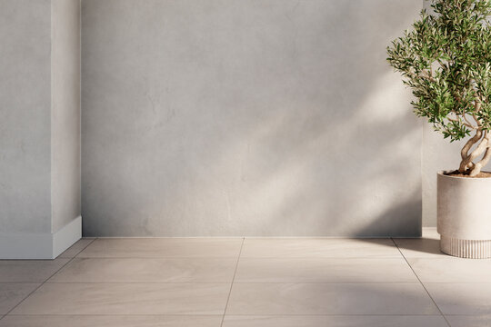 Minimal interior design with empty concrete wall in luxury modern villa. Elegant architecture background in neutral style.