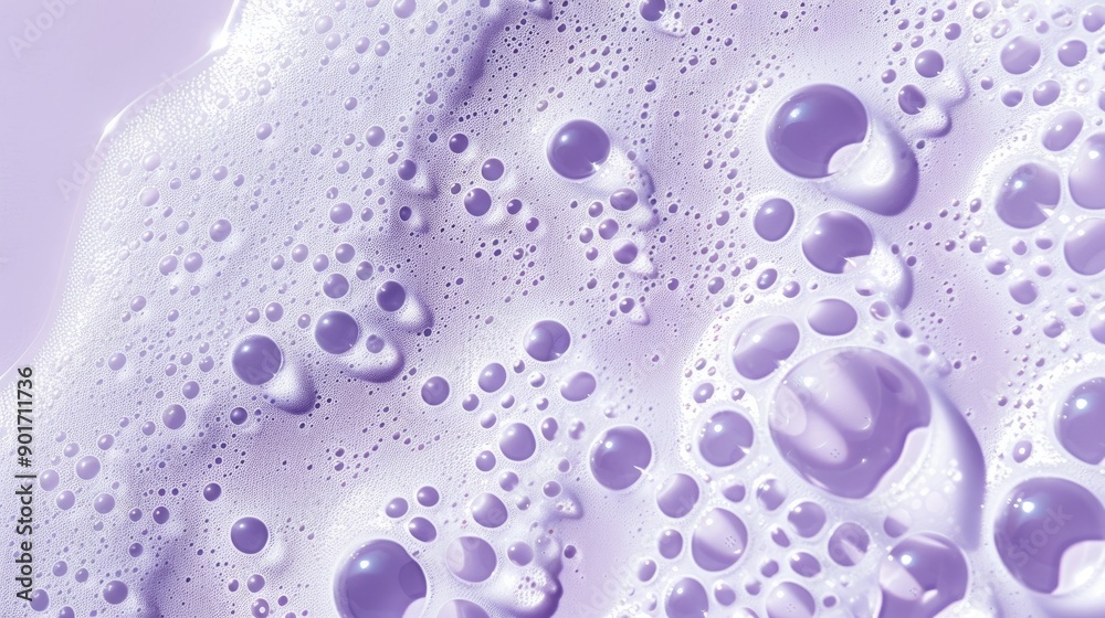 Poster foam on purple background with bubbles and sunlight shadows top view skin care product