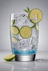 Minimal photorealistic of Gin and Tonic , vivid colors, flat white background, no shadows