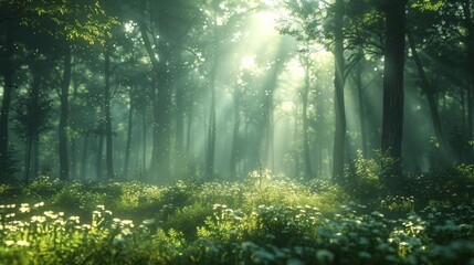 Obraz premium Sunlight Filters Through Lush Green Forest Creating A Magical Atmosphere In The Early Morning. Generative AI