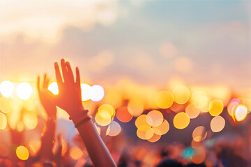 Obraz premium Crowd is raising their hands and cheering during a concert with beautiful bokeh stage lights in the background at sunset. Blurred background. Copy space