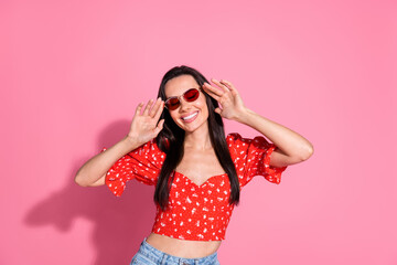 Photo of pretty young woman toothy smile wear top isolated on pink color background