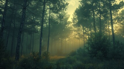 Obraz premium Misty Sunrise Illuminates Lush Green Pine Forest in Early Morning Light. Generative AI