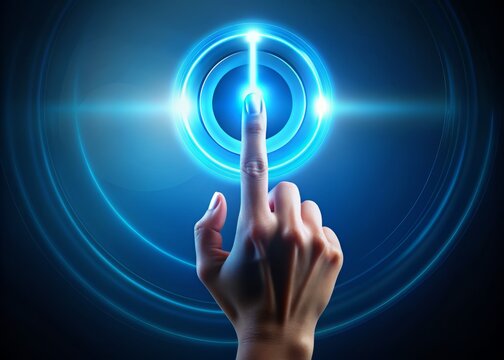 A solitary finger extends to press a radiant blue power button, bathing in a soft, ethereal glow, symbolizing technology, innovation, and digital empowerment.