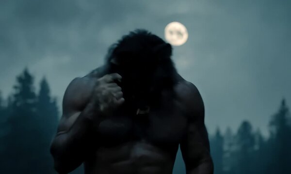 Primal Howl: A lone werewolf silhouetted against a haunting full moon in a chilling portrayal of primal power and the untamed wilderness. 