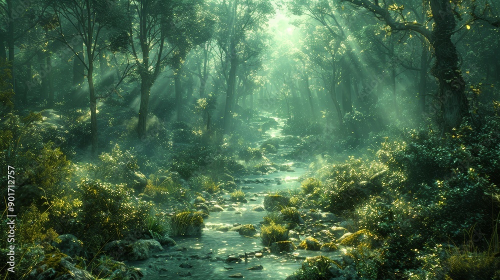 Wall mural serene forest landscape with sunlight filtering through trees near a gentle stream. generative ai