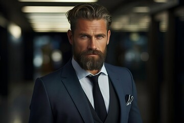 Fototapeta premium A sophisticated man in a tailored suit, exuding confidence and style in a modern setting, perfect for business and fashion visuals.