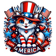 Patriotic Cat in a Top Hat with American Flag and Stars