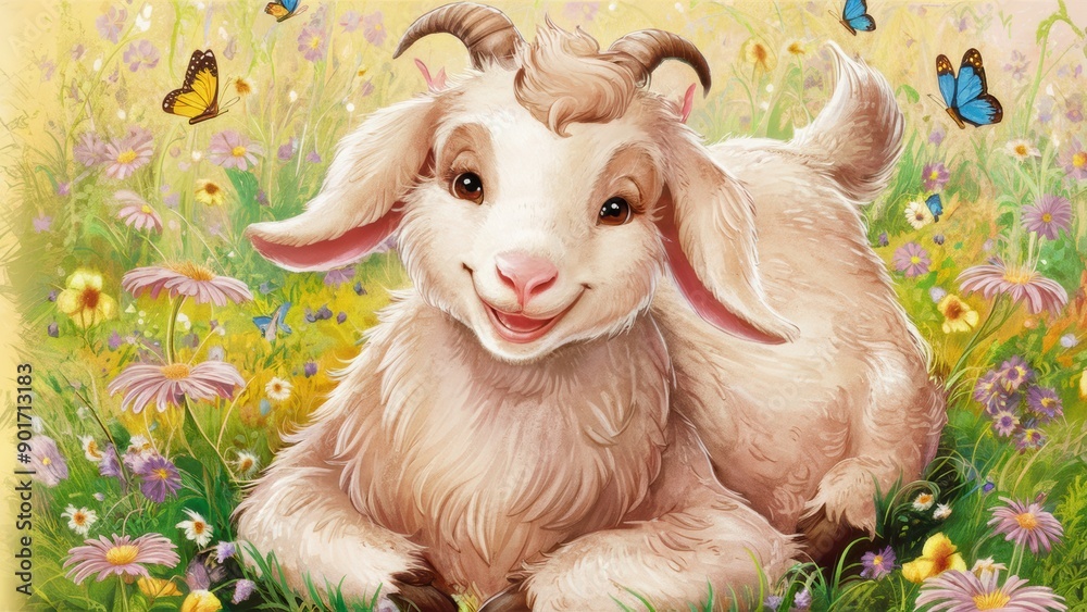 Poster A goat is sitting in a field of flowers with butterflies, AI