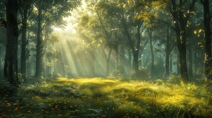 Obraz premium Enchanted Forest Illuminated by Morning Sunlight With Gentle Mist and Lush Greenery. Generative AI