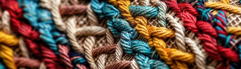 A Close-up Shot of a Geometric cultural tapestry, woven profile threads