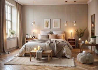 Cozy Scandinavian-style bedroom with warm beige walls, minimalist modern decor, plush textiles, and soft candlelight exuding a sense of tranquility and inviting comfort.