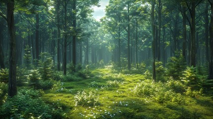 Obraz premium Lush Green Forest With Sunlight Filtering Through Trees in Summer Morning. Generative AI