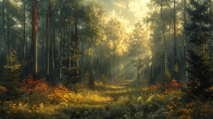 Golden Light Illuminates a Serene Forest Path in Autumn During Early Morning. Generative AI