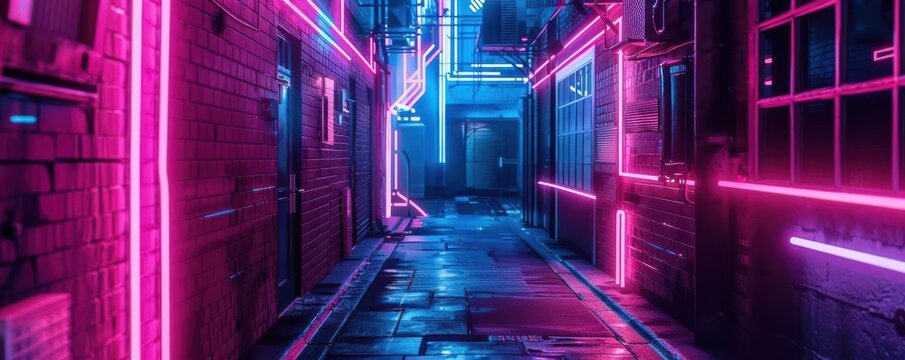 A vibrant alley illuminated with neon lights, creating a captivating urban atmosphere at night.