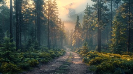 Obraz premium Serene Morning Light Illuminates Misty Forest Pathway Surrounded by Lush Greenery in Early Autumn. Generative AI