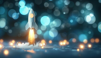A clean 3D model of a rocket ship taking off with a trail of glowing lightbulbs, representing the launch of innovative business ideas