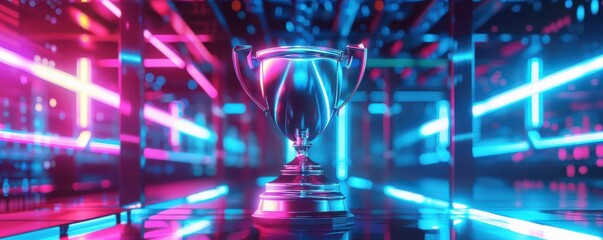Vibrant trophy illuminated by neon lights, symbolizing victory and achievement in a futuristic setting.