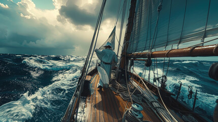 A crew on a sailboat in the middle of the ocean face strong waves and a brewing storm.