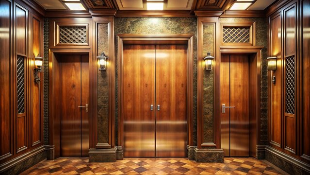 Retro wood-paneled interior of a vintage elevator with ornate metal doors, retro buttons, and nostalgic ambiance, evoking a bygone era of Soviet-era architecture.
