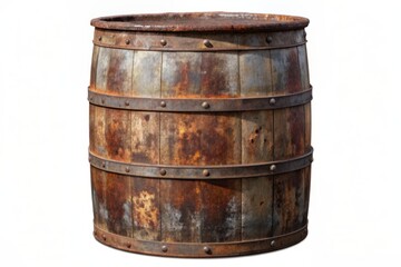 Obraz premium Rusted, worn, and weathered old metal barrel with intricate details and textures, perfectly isolated on a transparent background, ideal for design and composition.